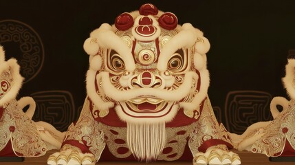 Fototapeta premium A decorative lion statue with intricate designs, symbolizing strength and protection, often seen in cultural celebrations and festivals.