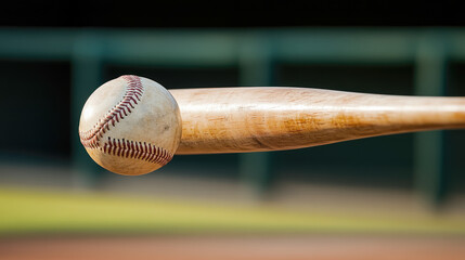 Close-up of baseball and wooden bat mid-swing in action