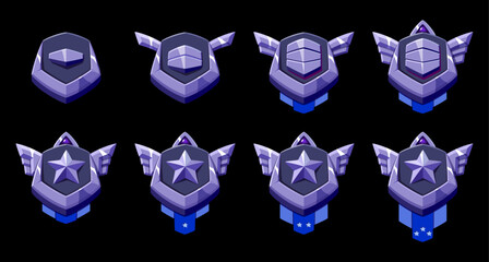 Rank silvered emblem set. Patent, star and wings. Silver metal 3d effect. Perfect for game progress level.