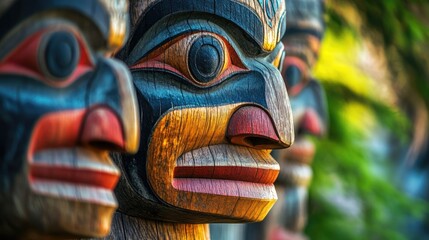 Closeup of a Totem Pole with Detailed Carving