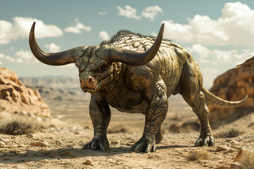 Obraz premium Scene of a powerful bull with massive horns made from a combination of a lizard and a bull