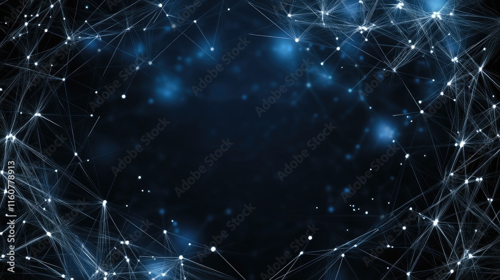 Poster abstract blue background with glowing lines and dots illustrates a complex network design for tech p