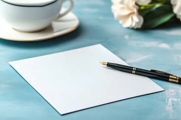 Elegant workspace with a blank notepad and pen beside a cup of tea on a blue wooden table
