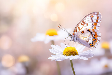 Butterfly is sitting on a white flower. Concept of peace and tranquility, as the butterfly is surrounded by the beauty of nature. The white flower serves as a symbol of purity and innocence