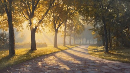 Fototapeta premium Sunlit path through trees at dawn, misty morning.