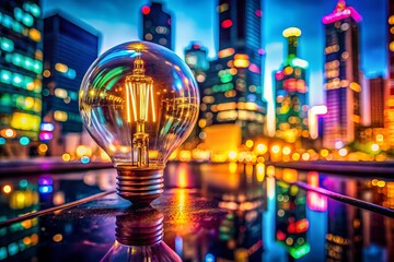 Neon Light Bulb Worm's Eye View: Glowing Glass Sphere, Electric Sign, Night Cityscape