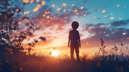 Happy family silhouette against stunning sunset sky, beautiful nature landscape evoking family vacation concept.