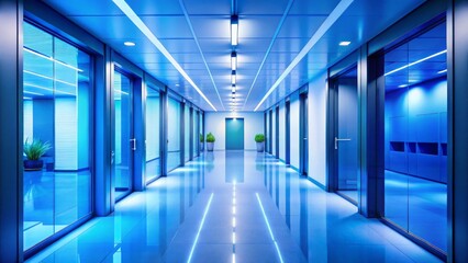 Office Corridor Blue Design, Eye-Level View, Corporate Interior, Generative  Background