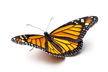 Fototapeta premium Butterfly with orange wings is sitting on a white background. The butterfly is the main focus of the image, and its bright colors create a sense of beauty and freedom