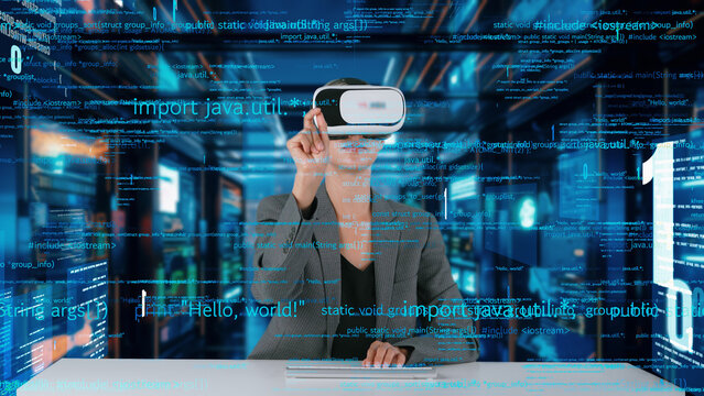 IT developer typing computer code for analyzing intelligent website development coder system data selection by VR innovation interface digital network technology visual hologram server. Contraption.