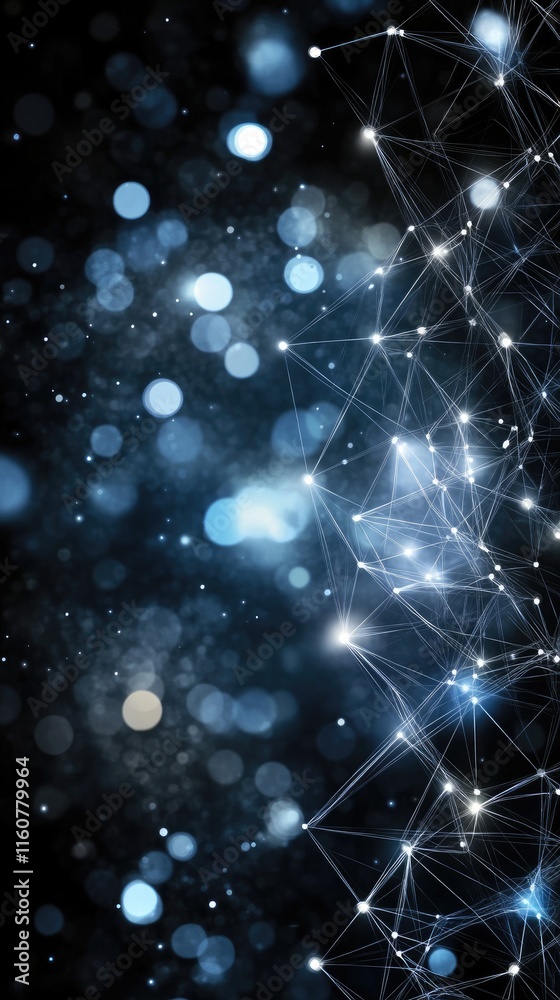 Poster abstract blue background with glowing lines and dots illustrates a complex network design for tech p
