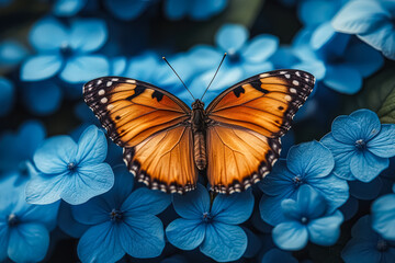 Naklejka premium Butterfly is sitting on a blue flower. The butterfly is orange and has black spots. The blue flowers are in a garden