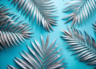 Pastel Blue Minimalist Silver Palm Branch Bird's Eye View - Elegant Botanical Print Design