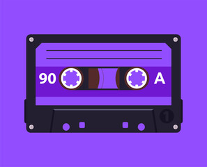 Audio cassette poster. Cartoon retro music tape backdrop, pop music album tape design flat vector illustration. Old school music audio tape background