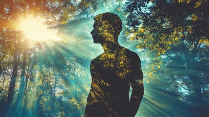 Man and Nature: A double exposure image of a man silhouetted against a vibrant forest, bathed in sunlight, symbolizing the connection between humanity and the natural world.  
