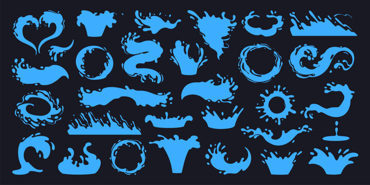 Blue liquid water splash silhouettes. Cartoon water flows, drops and waves, liquid water splashes flat vector illustration set. Water splash silhouettes
