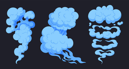 Cartoon dust clouds. Stream blue puff clouds, comic book smoke streaming cloud flat vector illustration set. Dust smoke
