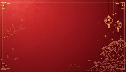 Elegant Red Chinese New Year Background with Golden Lanterns and Trees