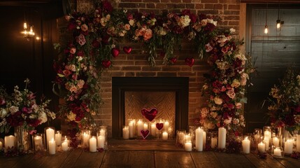 A romantic setting featuring a floral arch, heart decorations, and candles, perfect for a wedding or intimate gathering.