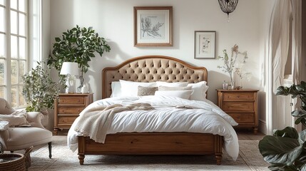 A serene and elegant bedroom with a large bed, nightstands, and plants.