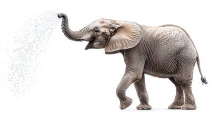 Young African Elephant Joyfully Spraying Water - Isolated on White