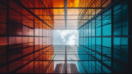 Modern Glass Building, Teal and Orange Reflections, Cityscape View