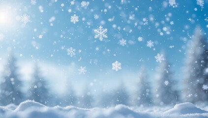 Naklejka premium Whispers of winter in a delicate snow-laden landscape, where gentle flakes drift gracefully under a serene blue sky, creating a magical atmosphere in nature's embrace