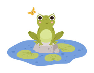 Frog sitting in pond. Cartoon amphibia on rock, green toad in natural habitat, cute froggy water animal flat vector illustration. Green frog character
