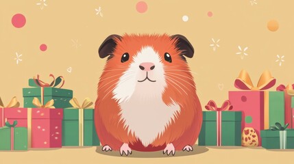 Smiling Guinea Pig Surrounded by Gifts - Festive Holiday Card Design