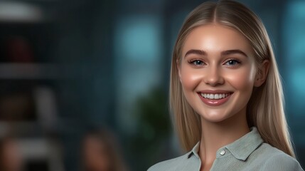 Obraz premium Close-up Photo: Radiant Woman Smiling Confidently in Modern Office Setting. AI Generated