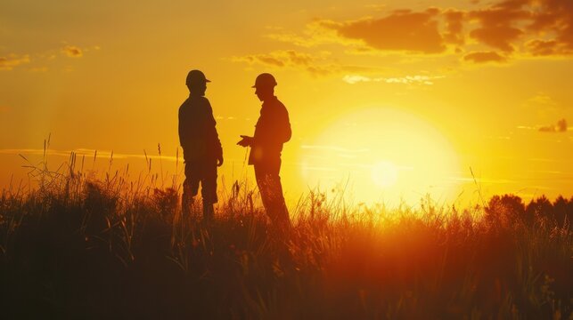Collaborative scene of an engineer and worker silhouetted at a construction site, the glowing sunset emphasizing teamwork and dedication - Powered by Adobe