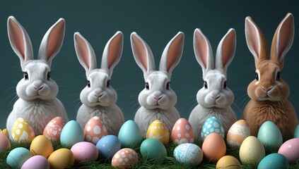 A charming group of spring bunnies gathered together, surrounded by colorful pastel eggs in a delightful outdoor setting, celebrating the joy of the season and new beginnings