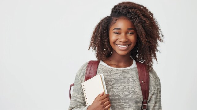 Confident student holding a book, backpack slung over one shoulder, standing upright, white background highlighting a youthful academic vibe