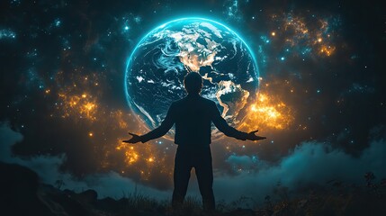 Fototapeta premium Businessman with hands outstretched towards a world hologram. This represents global networking, cloud computing, and innovation. The entrepreneur symbolizes universe change and digital transformation