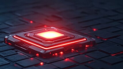 A glowing red square on a dark, textured surface, emphasizing a futuristic, tech-inspired aesthetic with illuminated details.