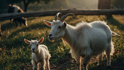 Obraz premium Young Horned Goat in a Meadow, a Perfect Portrait of Rural Livestock