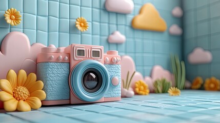 Cartoon 3D illustrations depict a camera and social media concept, ready for adventure