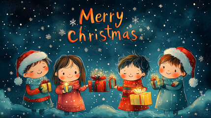 A vibrant and festive modern Christmas vector illustration featuring of cheerful little kids. Each child is holding gift. Dark background with snowflakes.
