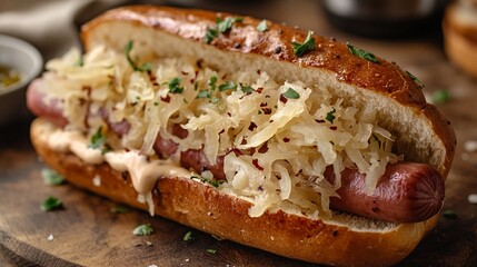 A hot dog topped with sauerkraut and served on a bun.