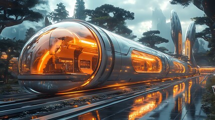 Futuristic high-speed train traveling through a vibrant, alien landscape.