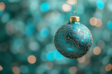 Blue decorative Christmas ornament hanging with sparkling background during the holiday season