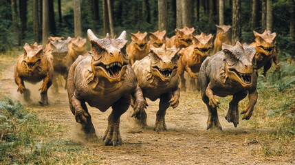 Fototapeta premium A pack of dinosaur-like creatures running through a forest.