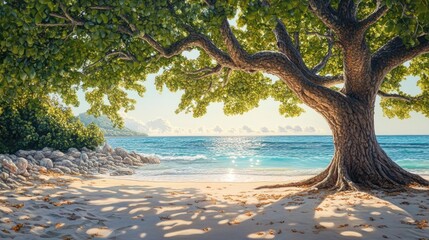 Tranquil beach scene with large tree providing shade.