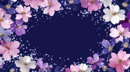 Colorful Floral Border with Snowflakes, Perfect for Holiday or Festive Designs, Featuring Delicate Pink and Purple Flowers on a Dark Background