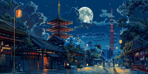 Night scene with a traditional Japanese pagoda on the left and modern tower on the right under a full moon.