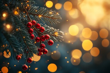 Festive red berries and sparkling lights enhance winter atmosphere during holiday season