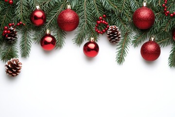 Red ornaments and pinecones on evergreen branches for festive holiday decoration