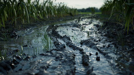 Fototapeta premium Excess Water Saturating Agricultural Field: An image showing a field with waterlogged soil due to excessive irrigation, emphasizing the importance of water management in farming.