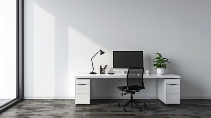 Modern minimalist workspace with a white desk, computer, and chair. Sunlight streams in through large windows.