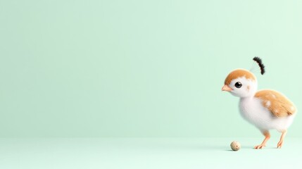 A cute chick stands beside a small egg on a pastel background.